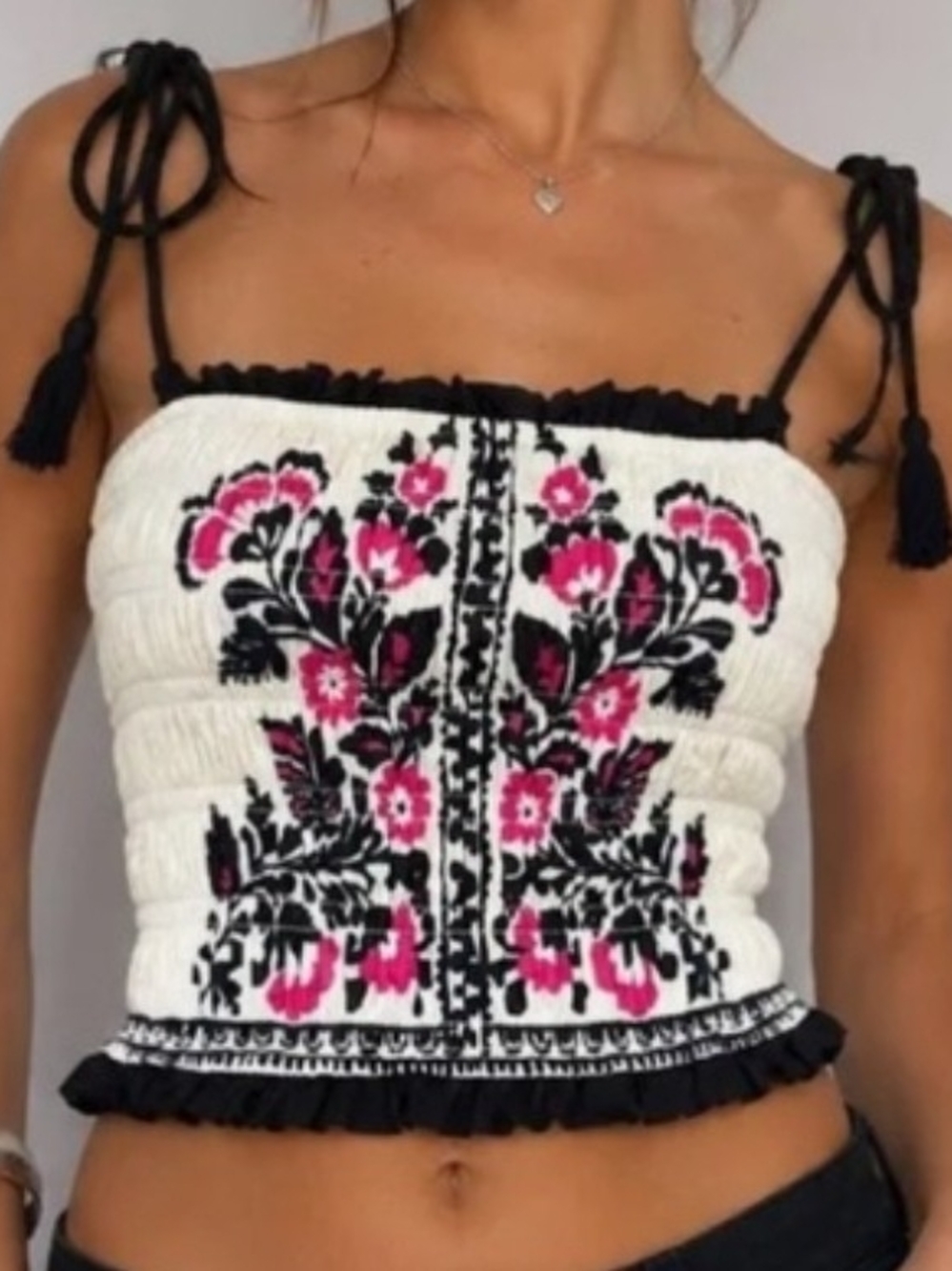 Blue Rain White Smocked Crop Top with Pink & Black Floral Embroidery